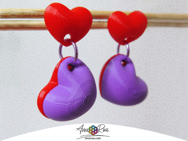 ARETES CORAZONES X2 ROJO MORADO