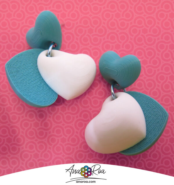 ARETES CORAZONES X2 TURQUESA BLANCO