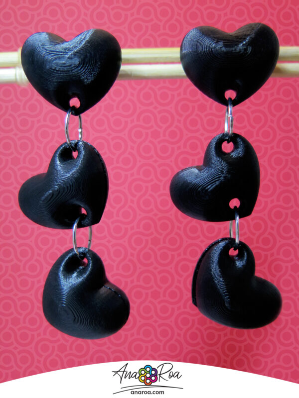 ARETES DISEÑO Corazones x3 NEGRO