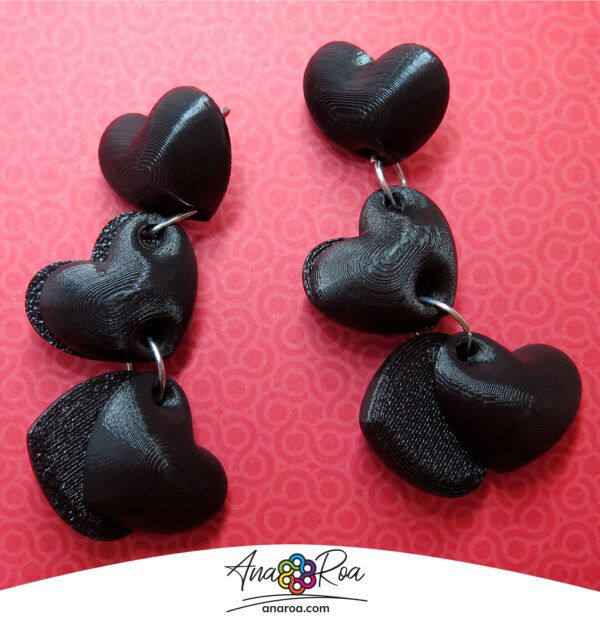 ARETES DISEÑO Corazones x3 NEGRO